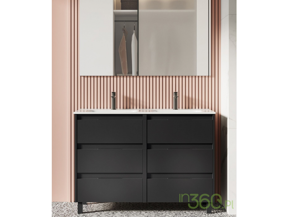 Czarna szafka umywalkowa Roca Alpine z dwiema umywalkami i eleganckim designem, ustawiona na tle różowych paneli ściennych i lustra z wbudowaną szafką. Stylowa aranżacja wnętrza z nowoczesnym akcentem.