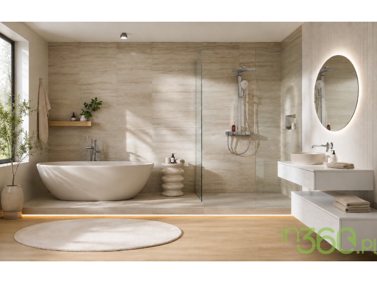 Łazienka soft spa z wanną wolnostojącą Villeroy & Boch, umywalką nablatową, kamieniem i drewnem