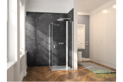 Nowoczesna łazienka z białą kabiną prysznicową marki Hüppe, drewnianymi detalami i stylowym gresem, idealna do minimalistycznych i eleganckich wnętrz.