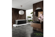 tylowa łazienka wyposażona w czarną umywalkę nablatową i wolnostojącą wannę marki Villeroy & Boch, minimalistyczne wykończenia i nowoczesny design, idealna do luksusowych wnętrz.