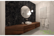 Elegancka łazienka z drewnianą szafką, okrągłym lustrem i designerskim oświetleniem