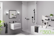 Nowoczesna łazienka z czarnym zestawem prysznicowym Hansgrohe