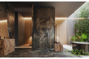 Elegancka łazienka z czarną armaturą Omnires Baretti i marmurem Marazzi Allmarble Emperador Lux