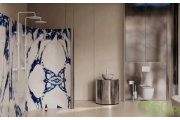 System prysznicowy Omnires Y w białym macie na tle efektownej ściany z granatowym wzorem przypominającym naturalny kamień