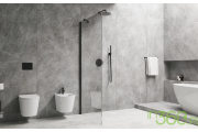 Strefa prysznicowa Omnires z deszczownicą w czarnym macie oraz miską WC wiszącą