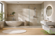 Łazienka soft spa z wanną wolnostojącą Villeroy & Boch, umywalką nablatową, kamieniem i drewnem