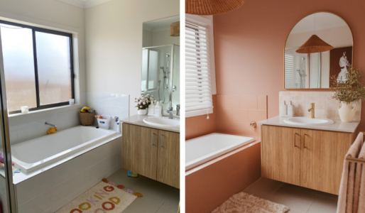 Porównanie łazienki przed i po remoncie. Po lewej sterylne, białe wnętrze. Po prawej przytulna aranżacja z płytkami pomalowanymi na kolor różowej terakoty, złotą baterią umywalkową i dużym lustrem w kształcie łuku.