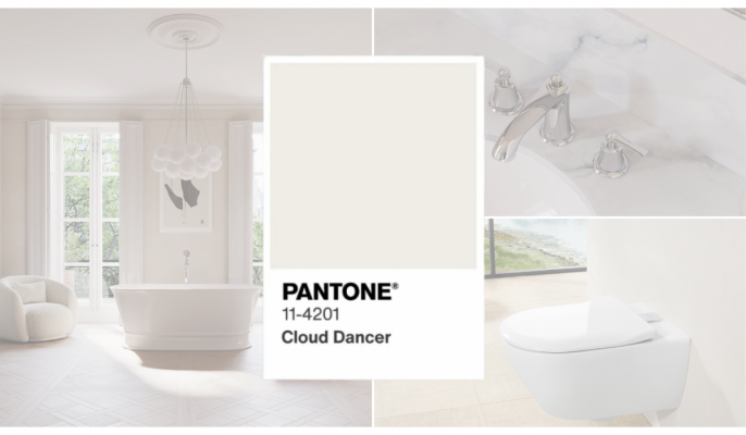 Kolor roku Pantone 2026 Cloud Dancer w aranżacjach łazienek z ceramiką sanitarną i armaturą