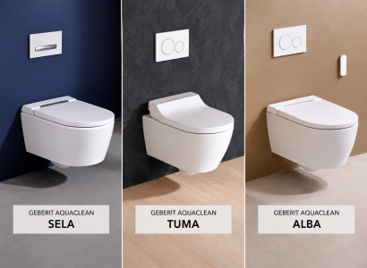Porównanie toalet myjących Geberit AquaClean Sela, Tuma i Alba – trzy modele różniące się designem, wyposażeniem i funkcjami.