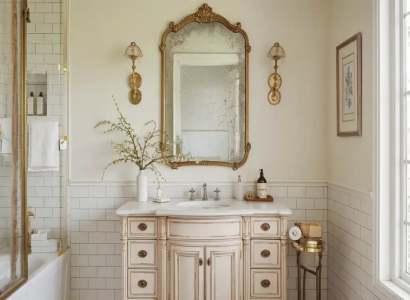 Klasyczna łazienka francuska z ozdobnym lustrem i złotymi kinkietami
