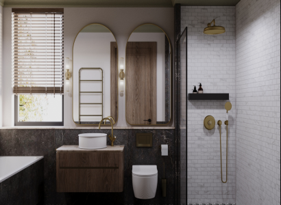 Nowoczesna łazienka z drewnianą szafką, złotą armaturą i prysznicem wykończonym białymi płytkami ceramicznymi.