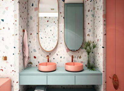 Lustro łazienkowe w owalnym kształcie – aranżacja z terrazzo i pastelowymi kolorami Lustro łazienkowe owalne w aranżacji z motywem terrazzo i pastelowymi umywalkami