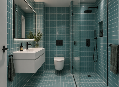 Tile drenching w łazience – beżowe płytki na ścianach i podłodze Miniaturka description: Nowoczesna łazienka w stylu tile drenching z jednolitymi beżowymi płytkami na ścianach i podłodze, wanną wolnostojącą i strefą prysznica.