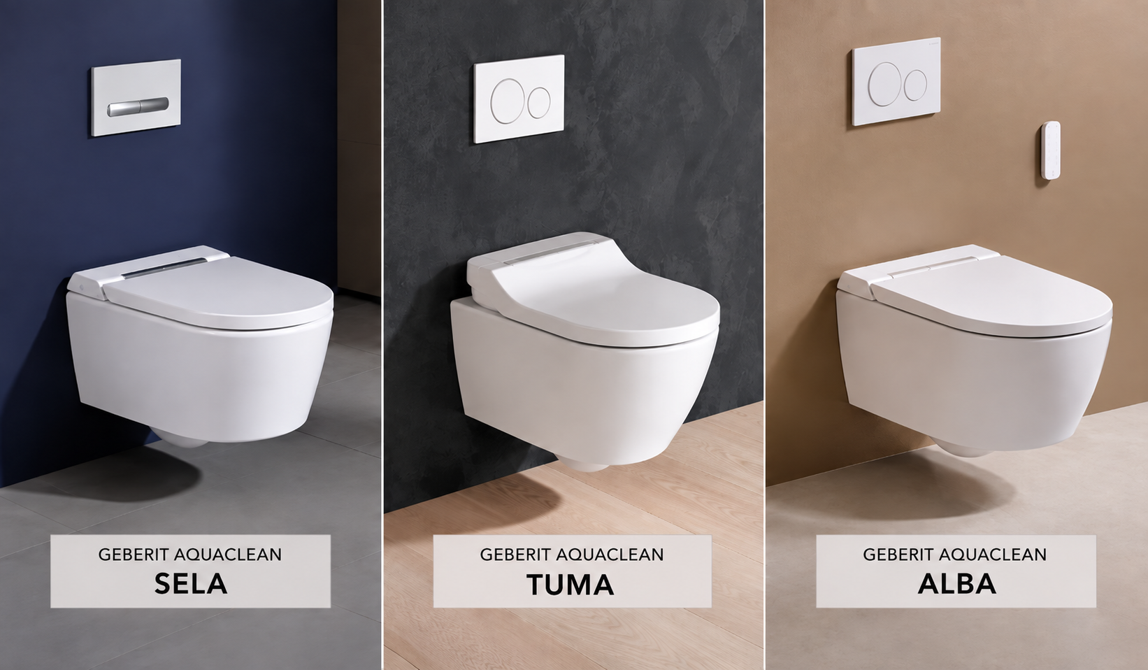 Zestawienie trzech modeli Geberit AquaClean w nowoczesnej łazience