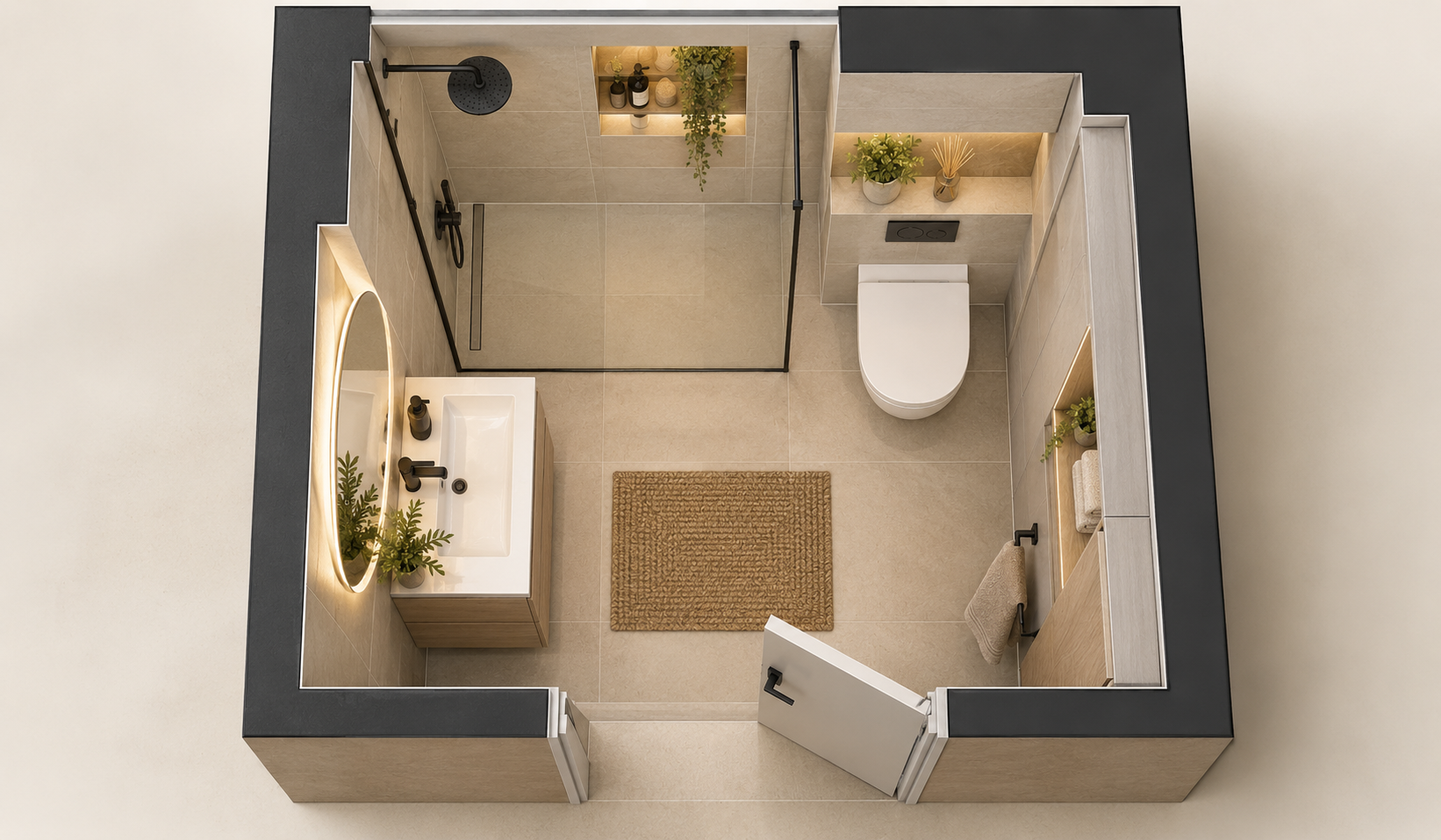 Wizualizacja układu łazienki 4 m² Wizualizacja układu łazienki 4 m²