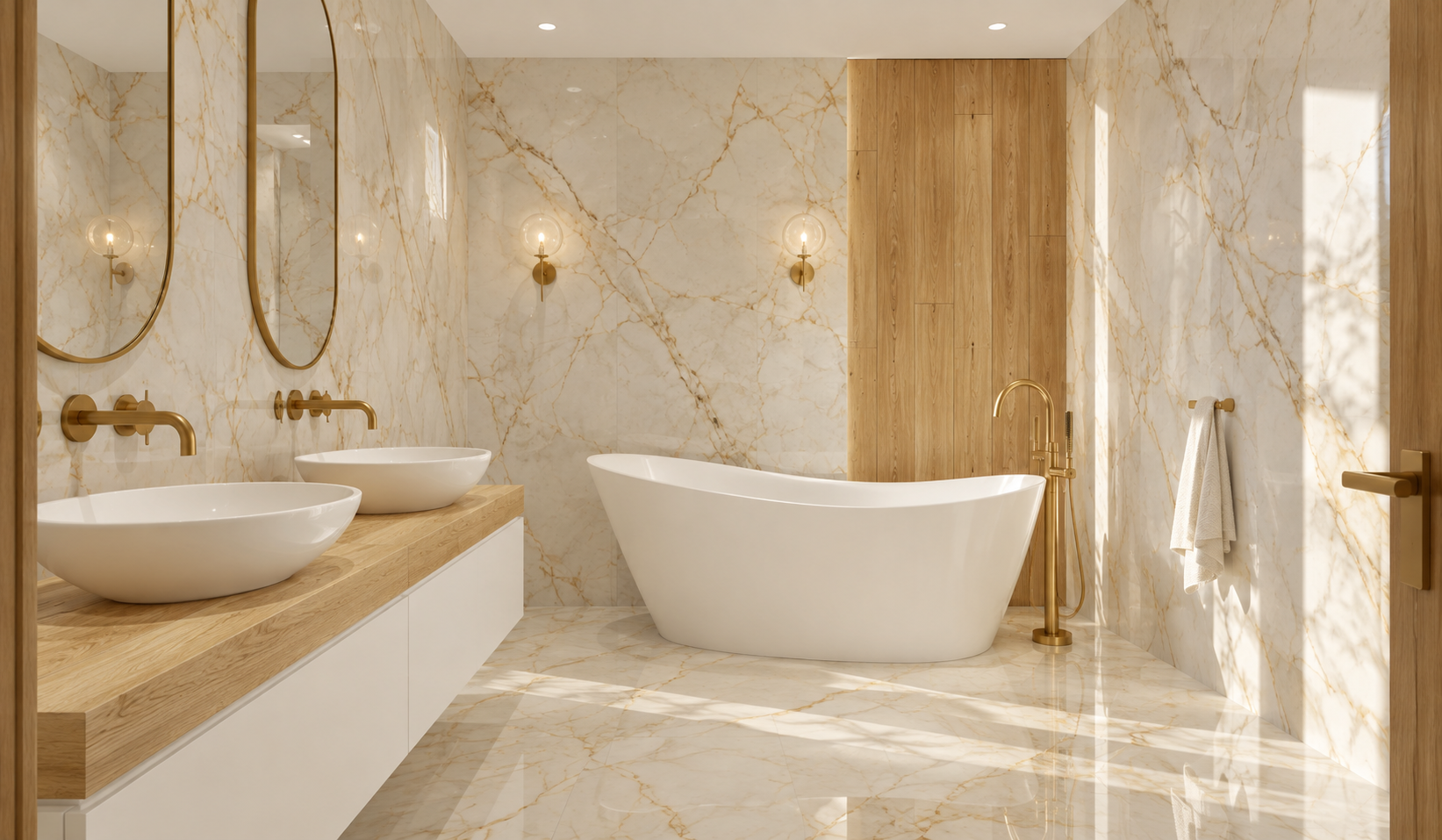 Marmur, dąb i złoto w łazience – złota armatura w eleganckim wnętrzu
