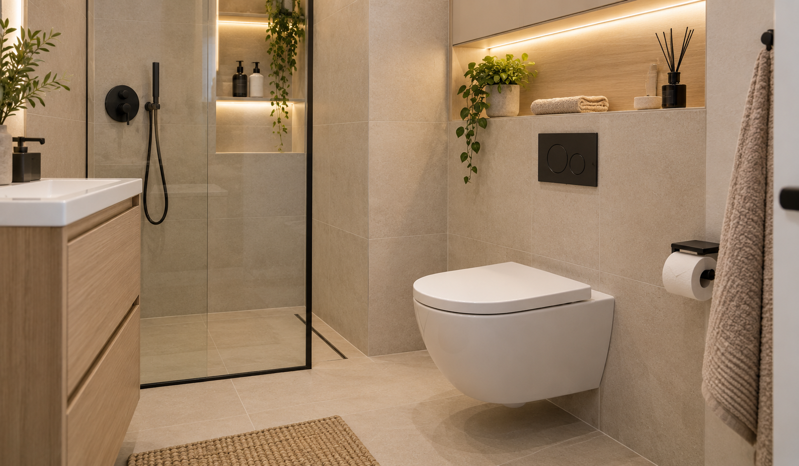 WC wiszące na stelażu podtynkowym w małej łazience WC wiszące na stelażu podtynkowym w małej łazience