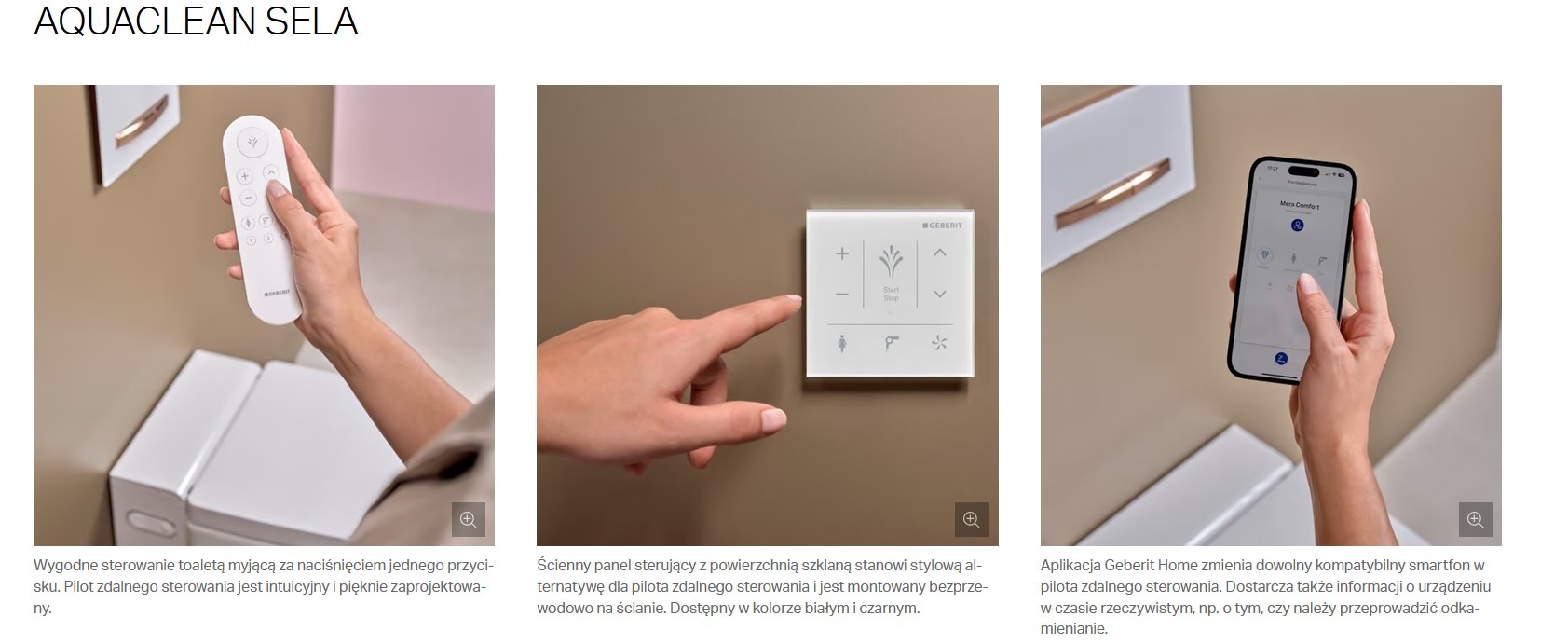 Sposoby sterowania Geberit AquaClean Sela – pilot, panel ścienny i aplikacja Geberit Home