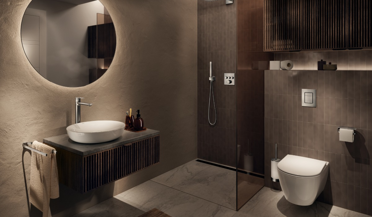 Bateria umywalkowa Grohe Essence przy nablatowej umywalce w nowoczesnej łazience