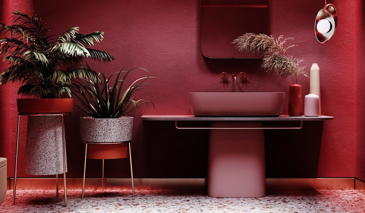 burgundowy kolor w łazience rośliny