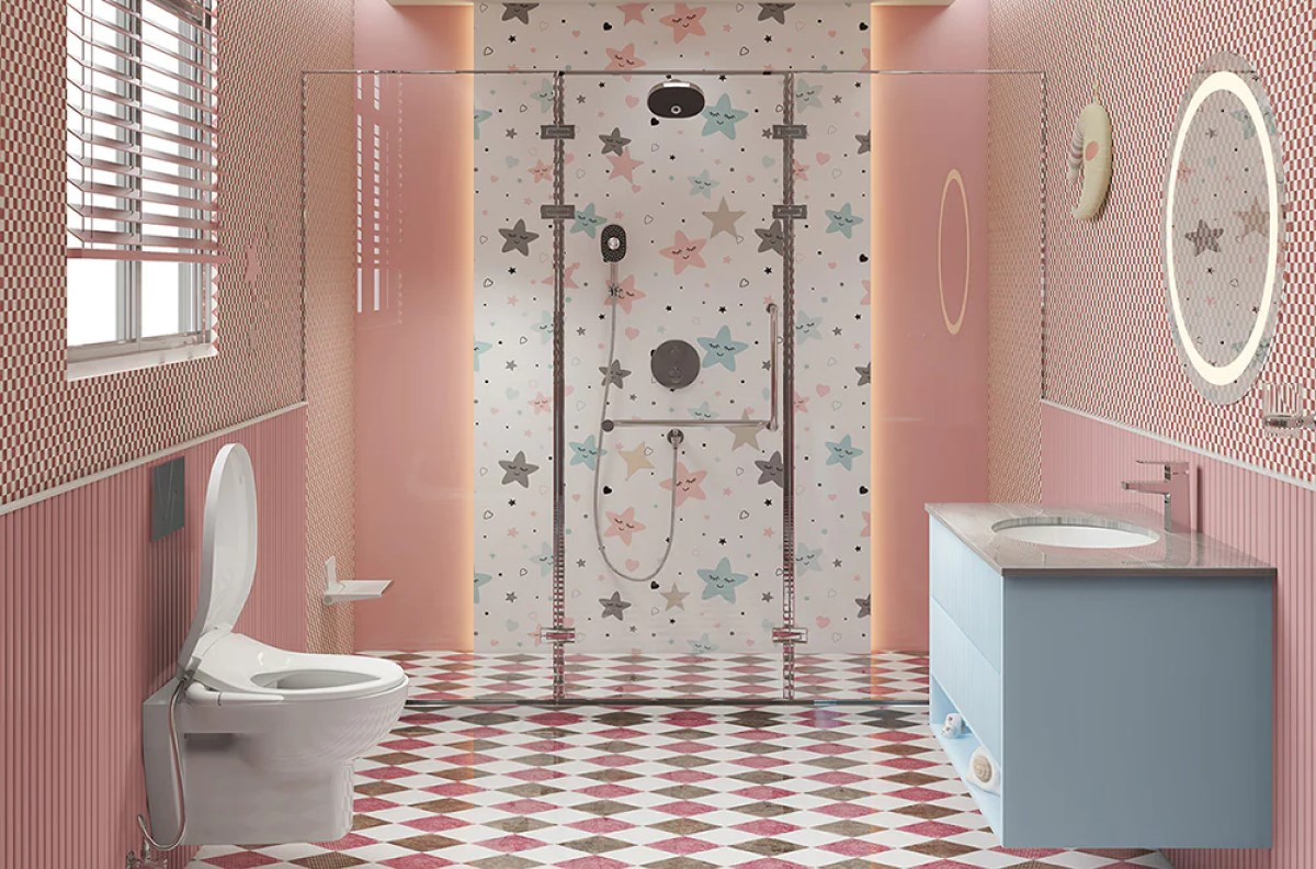 różowe płytki kolorowa grafika białą ceramika łazienka dla dziecka