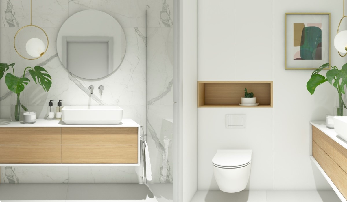 łazienka w stylu minimalistycznym z marmuropodobnymi płytkami
