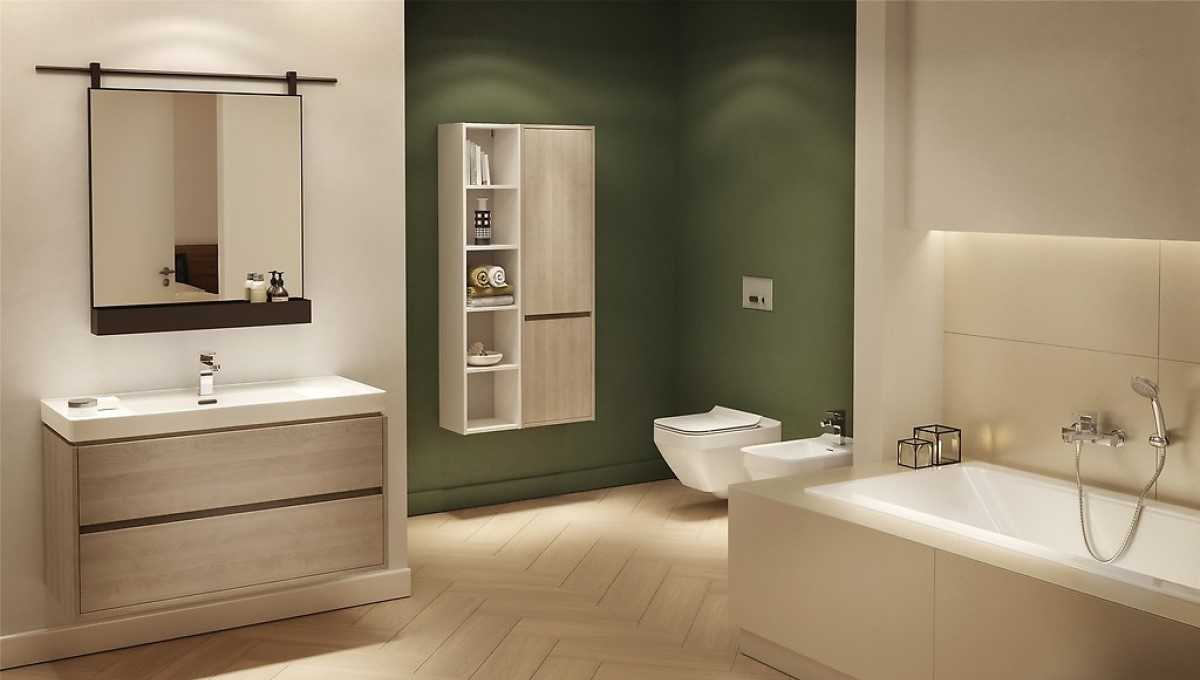 łazienka w stylu skandynawskim z zieloną ścianą