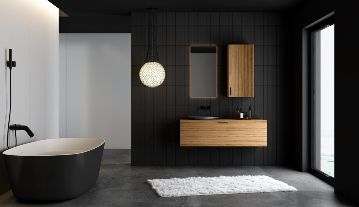 czarna łazienka z drewnianymi meblami