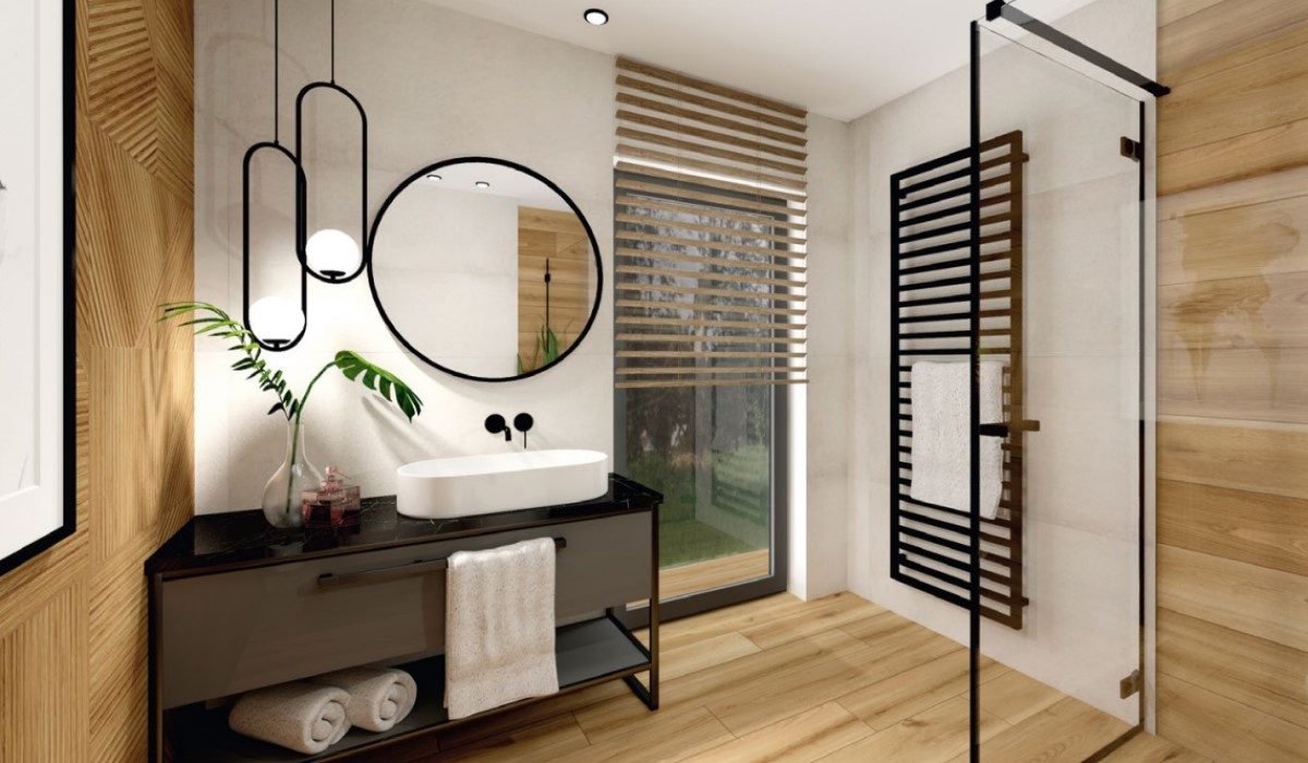 łazienka z prysznicem i płytkami drewnopodobnymi czarna armatura, czarny grzjenik
