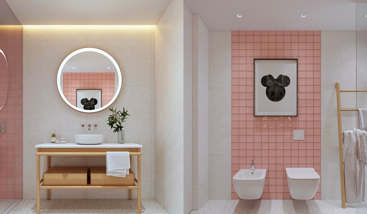 różowe płytki w łazience grafika w łazience z myszką miki