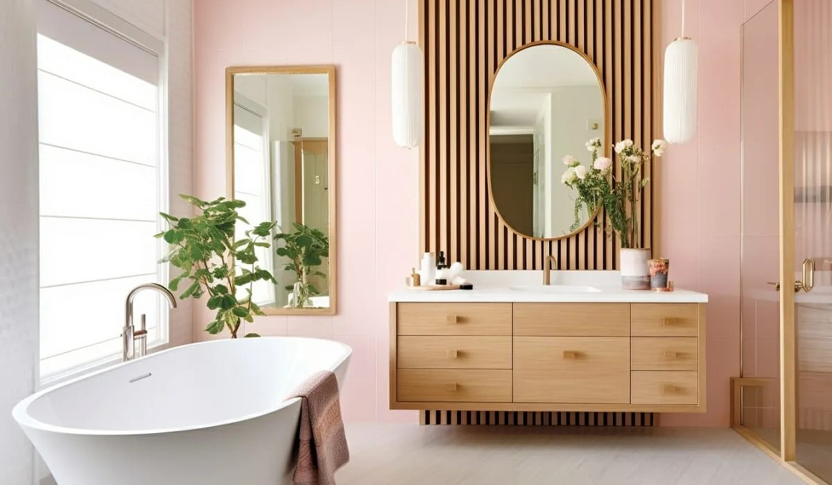 różowa ściana w łazience lamele jasne drewno wanna wolnostojąca