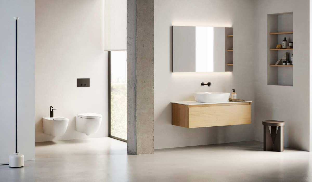 Nowoczesna łazienka z kolekcją Catalano Alvea &ndash; wisząca miska WC, bidet i umywalka nablatowa z czarną armaturą