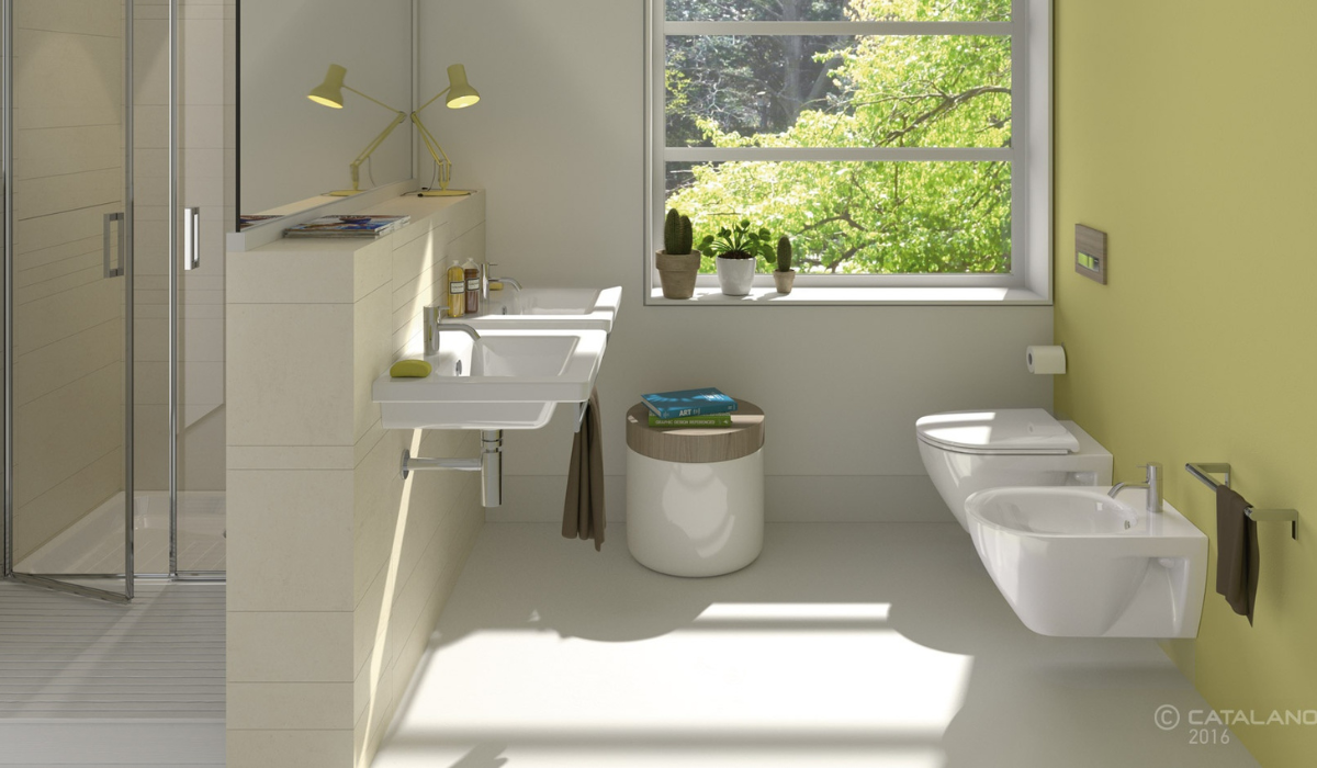 Łazienka z serią Catalano New Light – podwieszane umywalki, miska WC i bidet w nowoczesnym wnętrzu