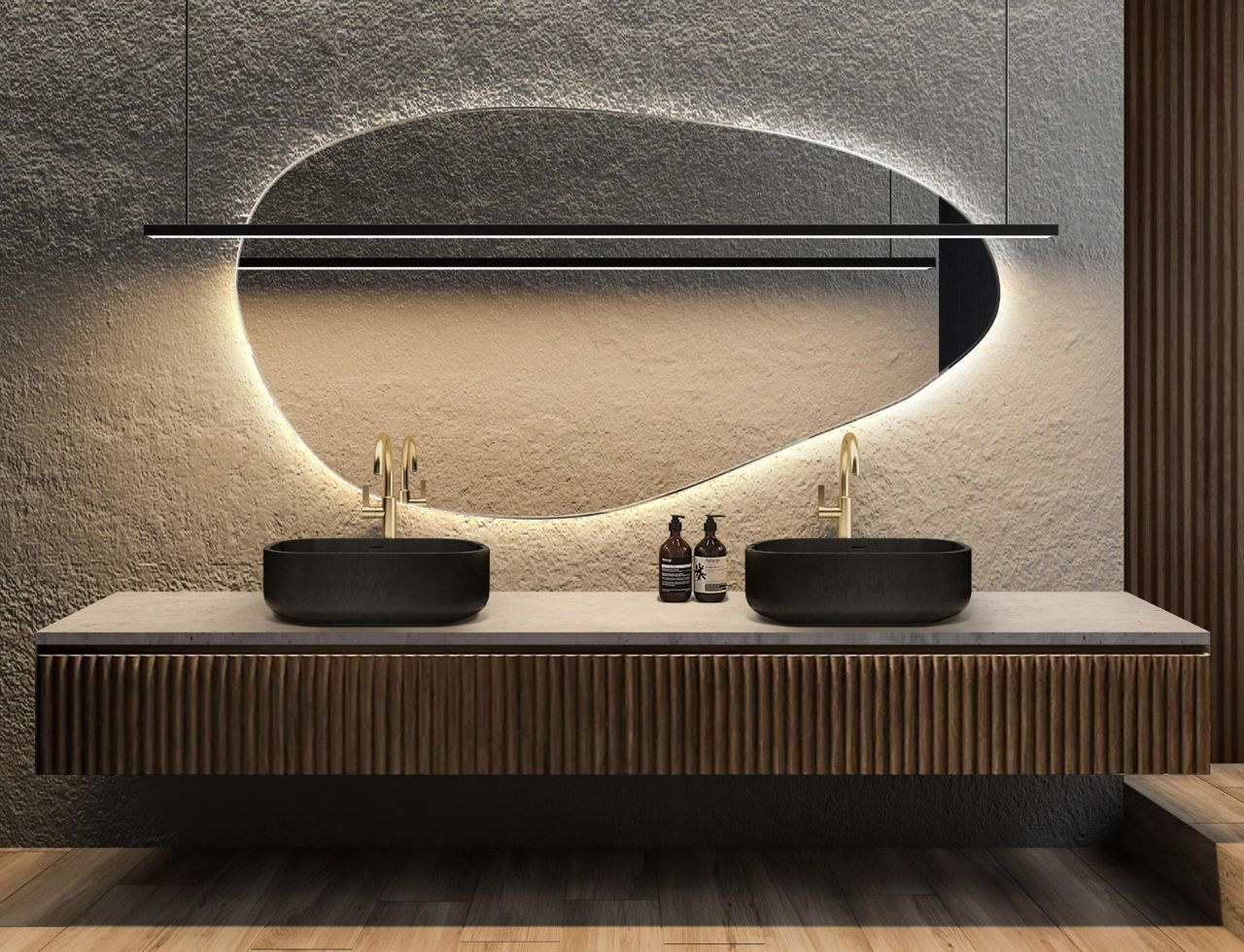 łazienka lustra led nowoczesna lamele na scianie czarne umywalki