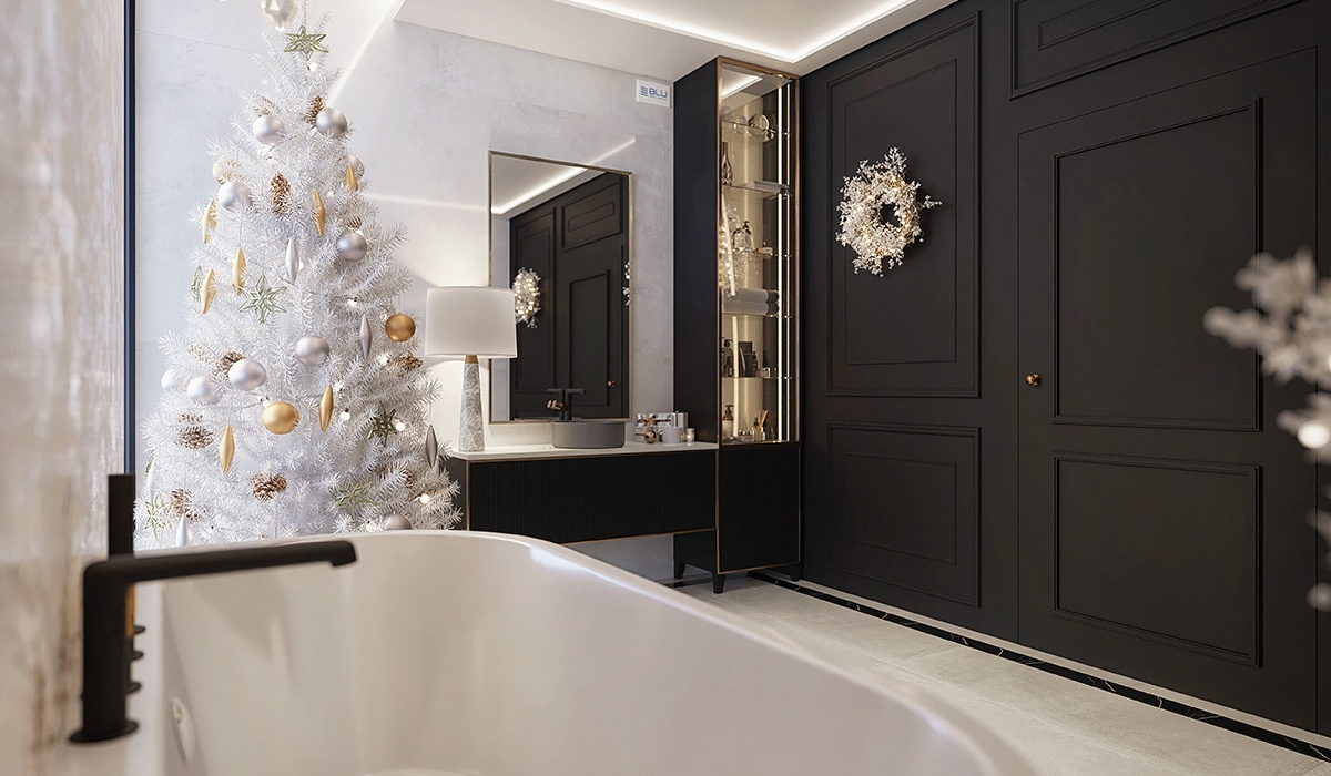 Nowoczesna łazienka z wanną wolnostojącą, czarnymi meblami i świątecznymi dekoracjami
