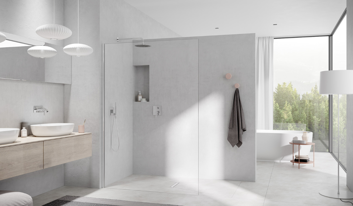 Kabina prysznicowa WALK-IN XC w minimalistycznej, jasnej łazience