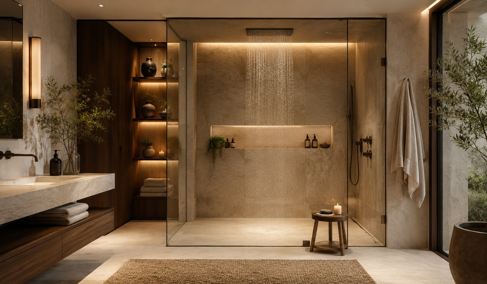 Kabina walk-in z deszczownicą w łazience spa