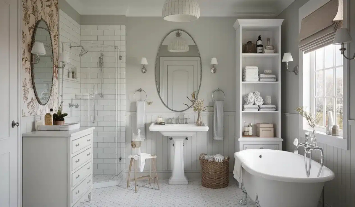 Klasyczna francuska aranżacja łazienki z elegancką umywalką i prysznicem Klasyczna łazienka francuska z umywalką na postumencie i kabiną prysznicową