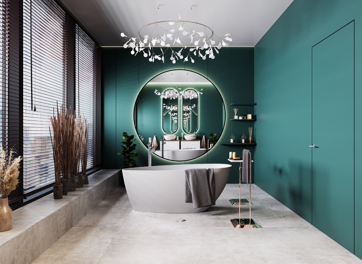 zielona łazienka z farbą na ścianie bez płytek i wannoą retro