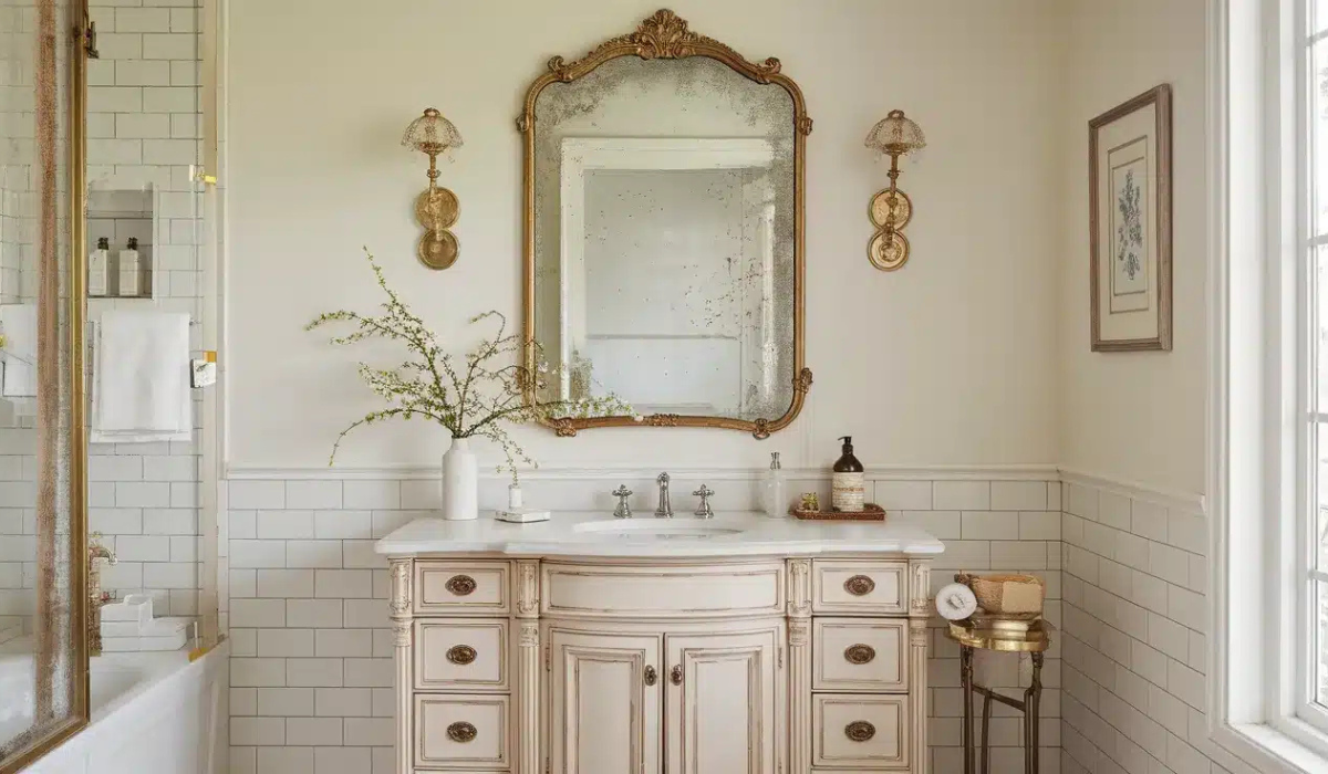 Francuska elegancja w łazience z antycznym lustrem i złotymi kinkietami Elegancka francuska łazienka z antycznym lustrem i złotymi dodatkami