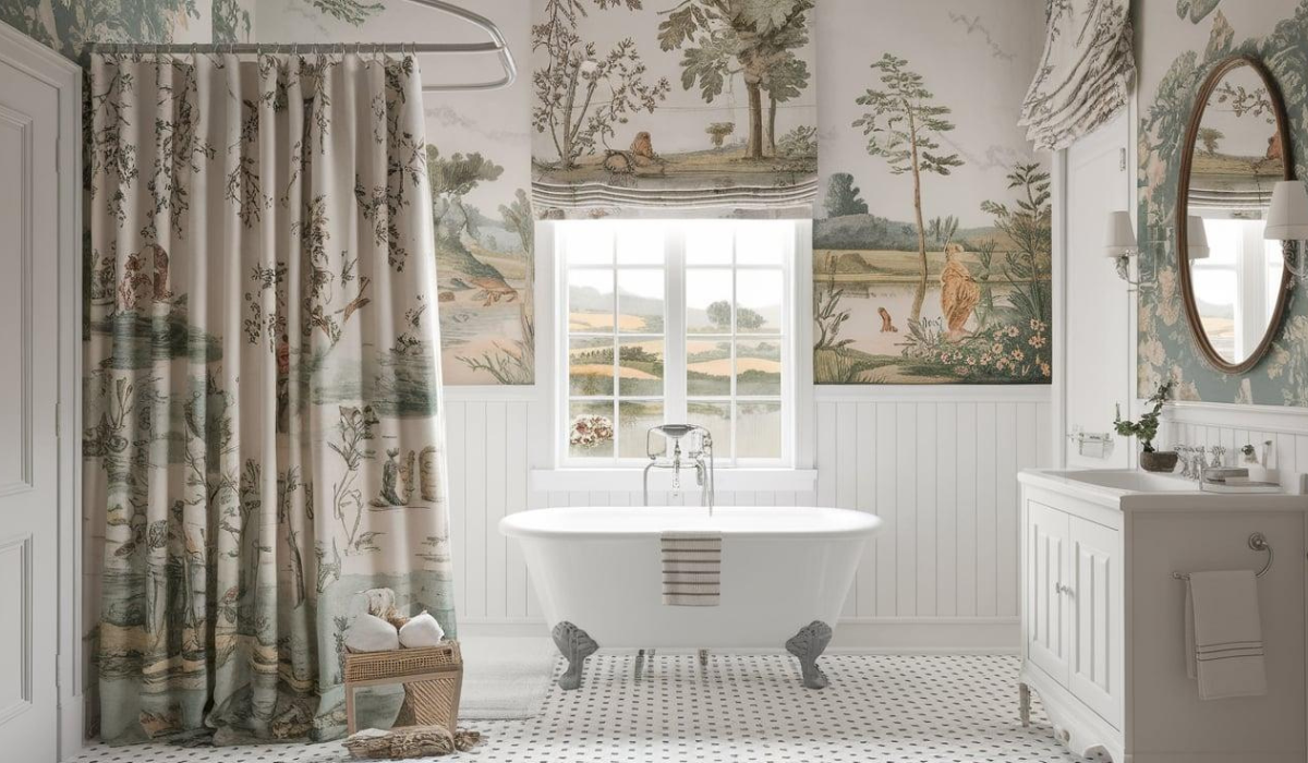 Francuska łazienka z krajobrazową tapetą i elegancką wanną wolnostojącą Łazienka w stylu francuskim z krajobrazową tapetą i klasyczną wanną wolnostojącą