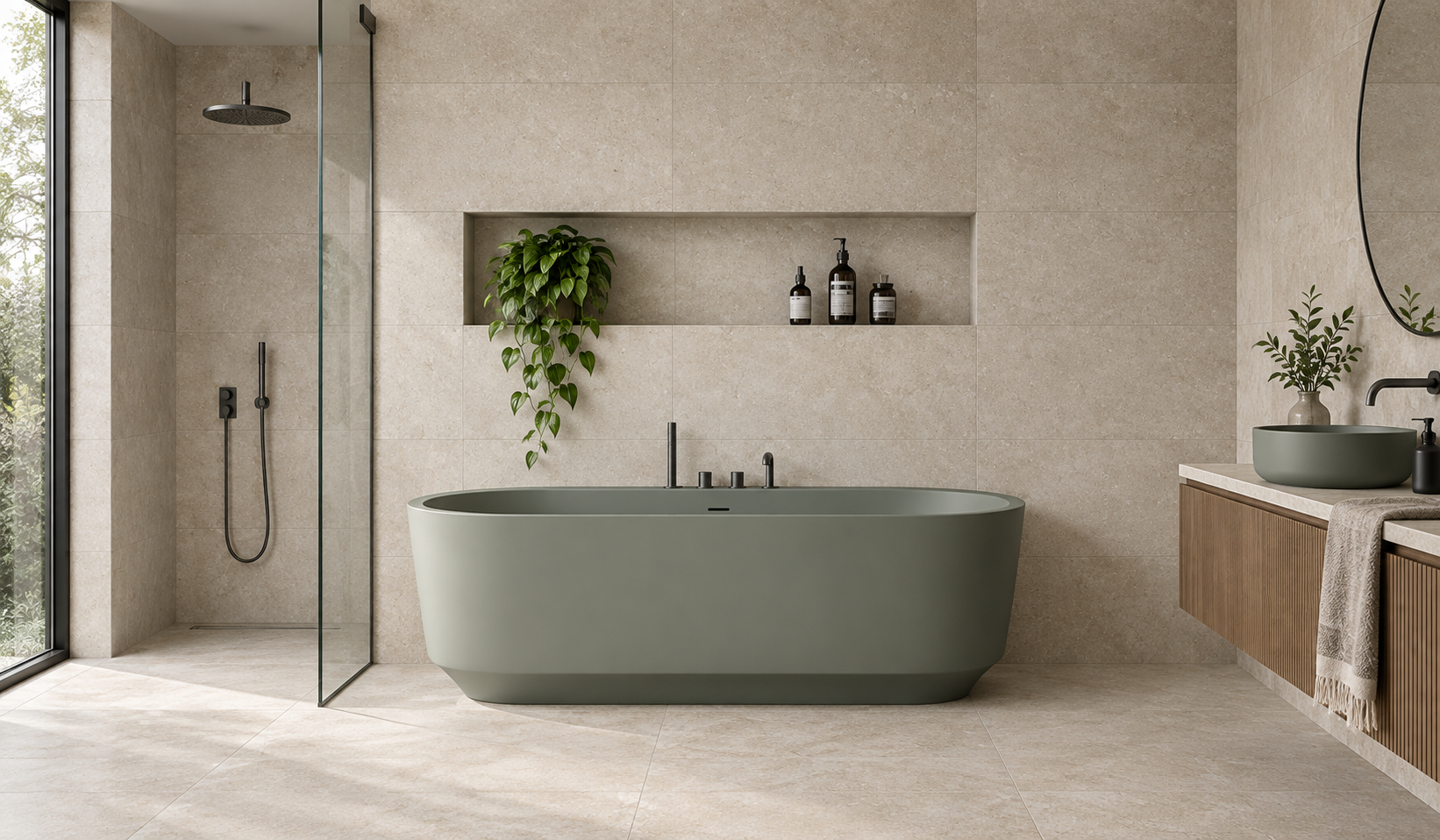 Łazienka w stylu tile drenching – beżowe płytki na podłodze i ścianach