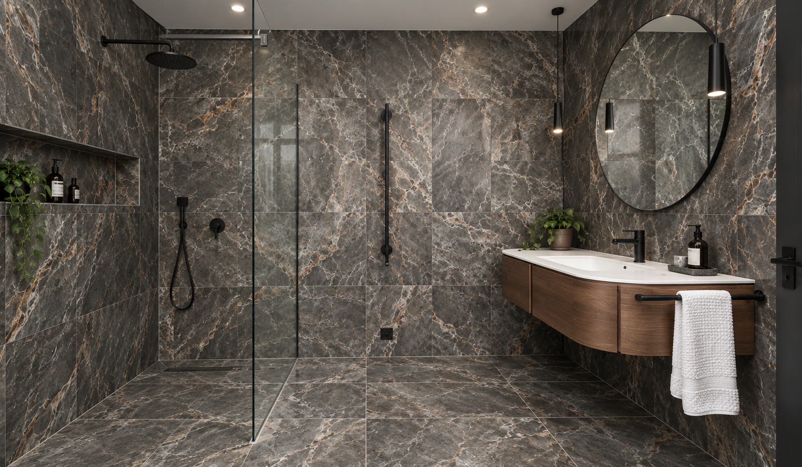 Łazienka w stylu tile drenching – ciemny marmur na ścianach i podłodze