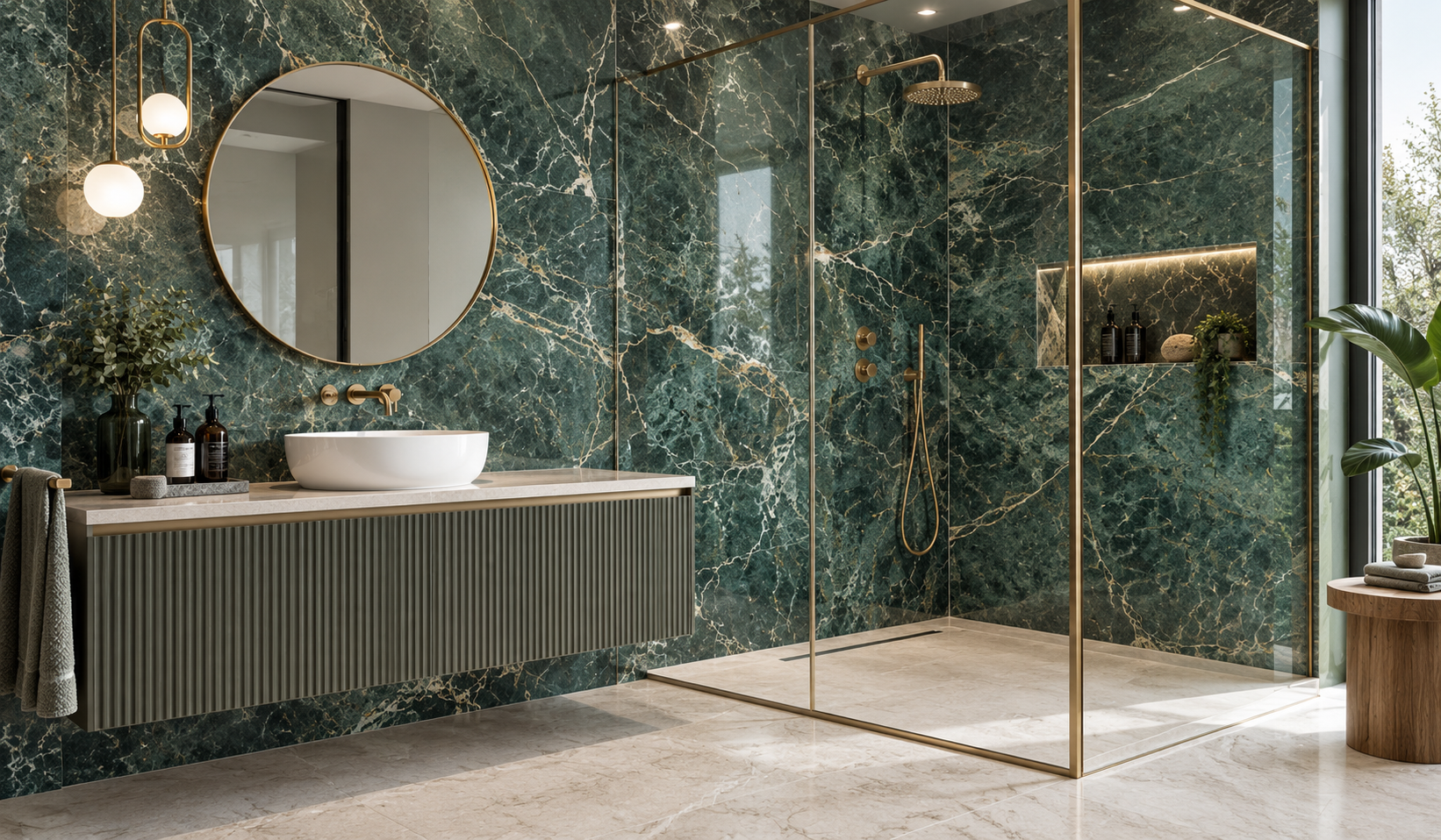 Łazienka w stylu tile drenching – zielony marmur na ścianach z dodatkiem złota