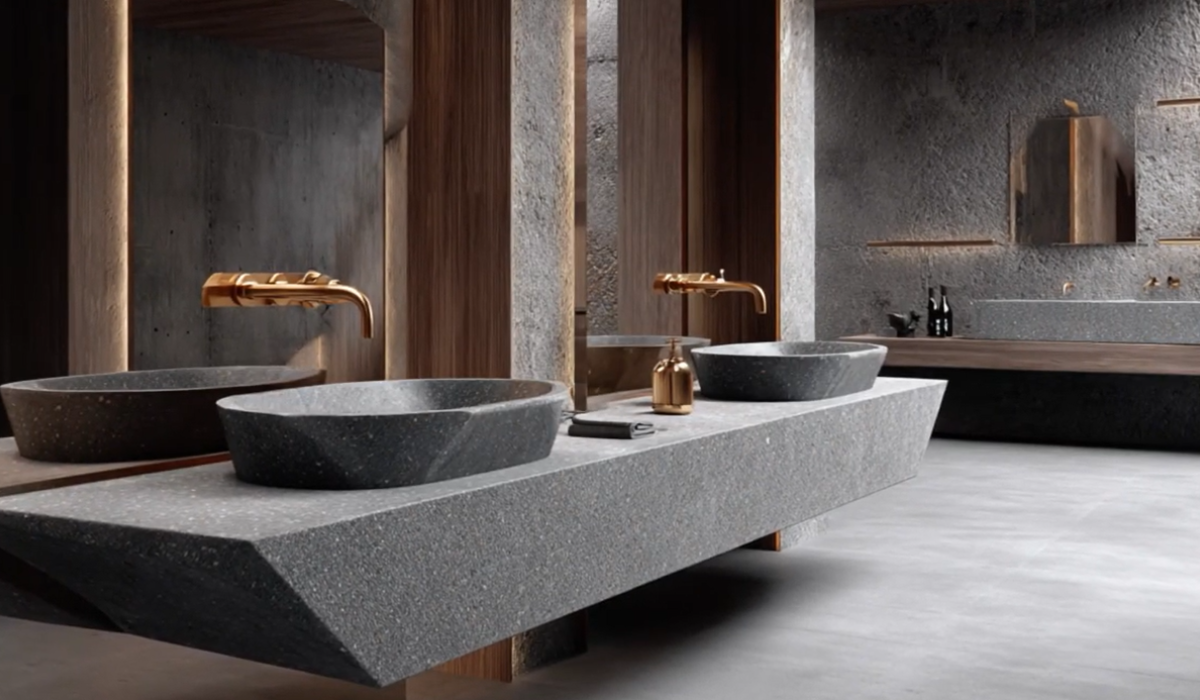 Ekskluzywna łazienka z kamiennymi umywalkami Nowoczesna łazienka z kamienia i minimalistyczną armaturą