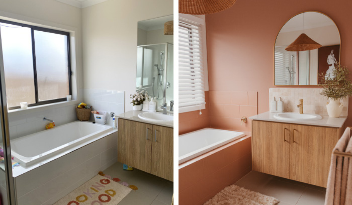 Malowanie płytek w łazience – efekt przed i po. Metamorfoza łazienki przed i po malowaniu: białe płytki zmienione na kolor ciepłej terakoty/brudnego różu, złota armatura i lustro z łukiem