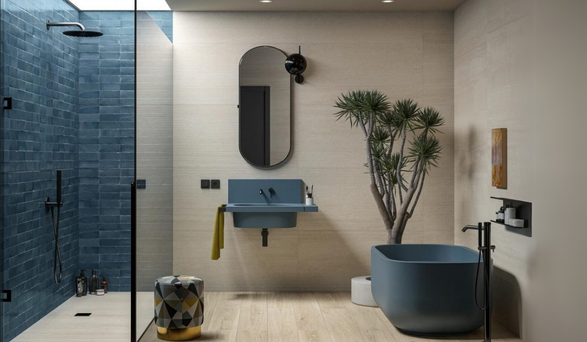 beżowa łazienka płytki cegiełki marazzi lume niebieskie płytki nowoczesna łazienka kabina walk in