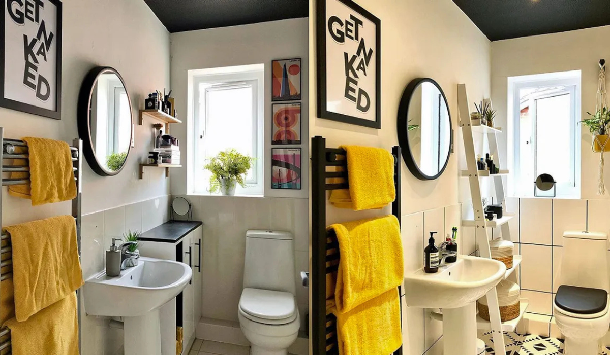 Sposoby na odświeżenie łazienki bez usuwania starych kafli. Zestawienie łazienki przed i po zmianach: biały grzejnik zmieniony na czarny, dodany biały regał drabina, wzorzysta podłoga i czarna deska sedesowa.