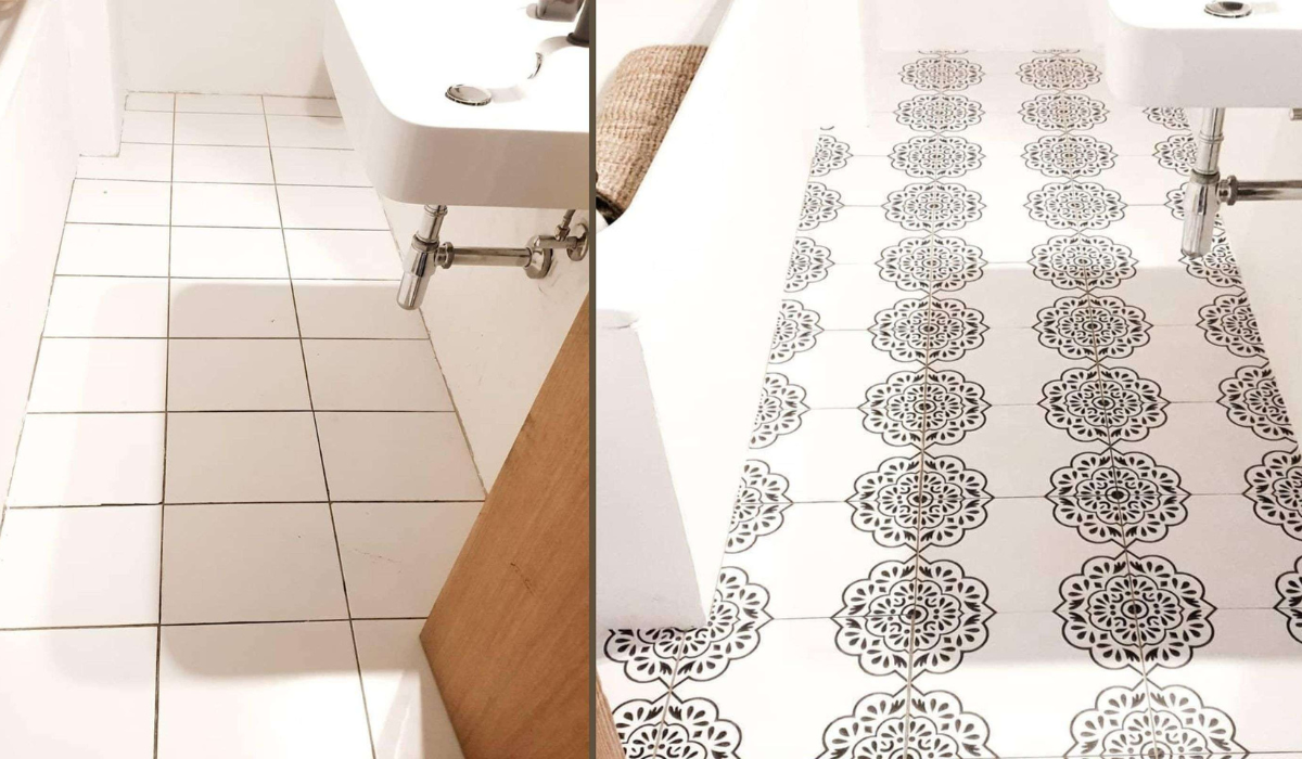 Naklejki na płytki łazienkowe – szybka renowacja podłogi. Białe płytki podłogowe przed i po nałożeniu czarno-białych naklejek z motywem mandali.