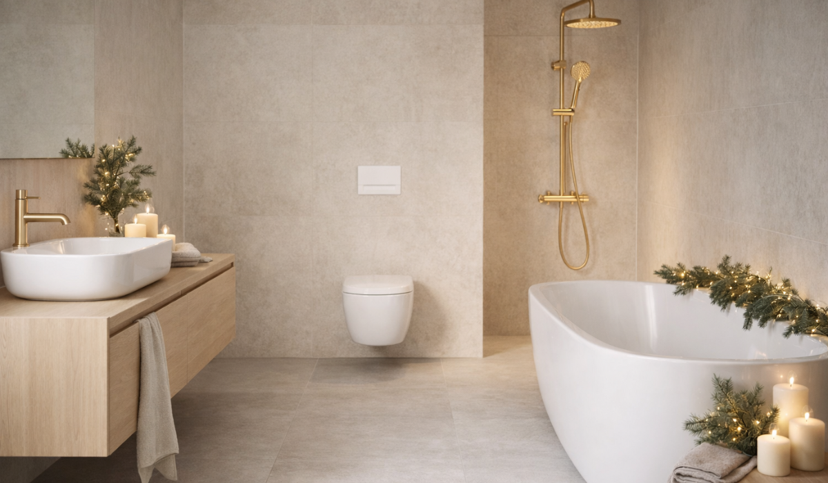 Jasna łazienka z wanną wolnostojącą, złotą armaturą prysznicową i WC podwieszanym